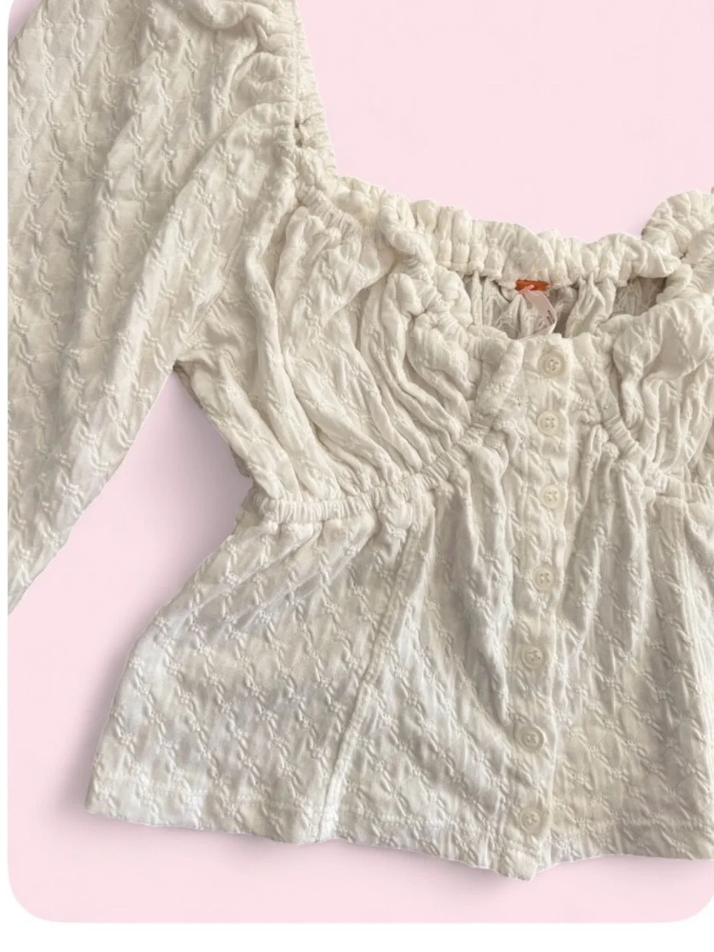 Free People Ladybug Milkmaid White Textured Long-Sleeve Crop Top - Large